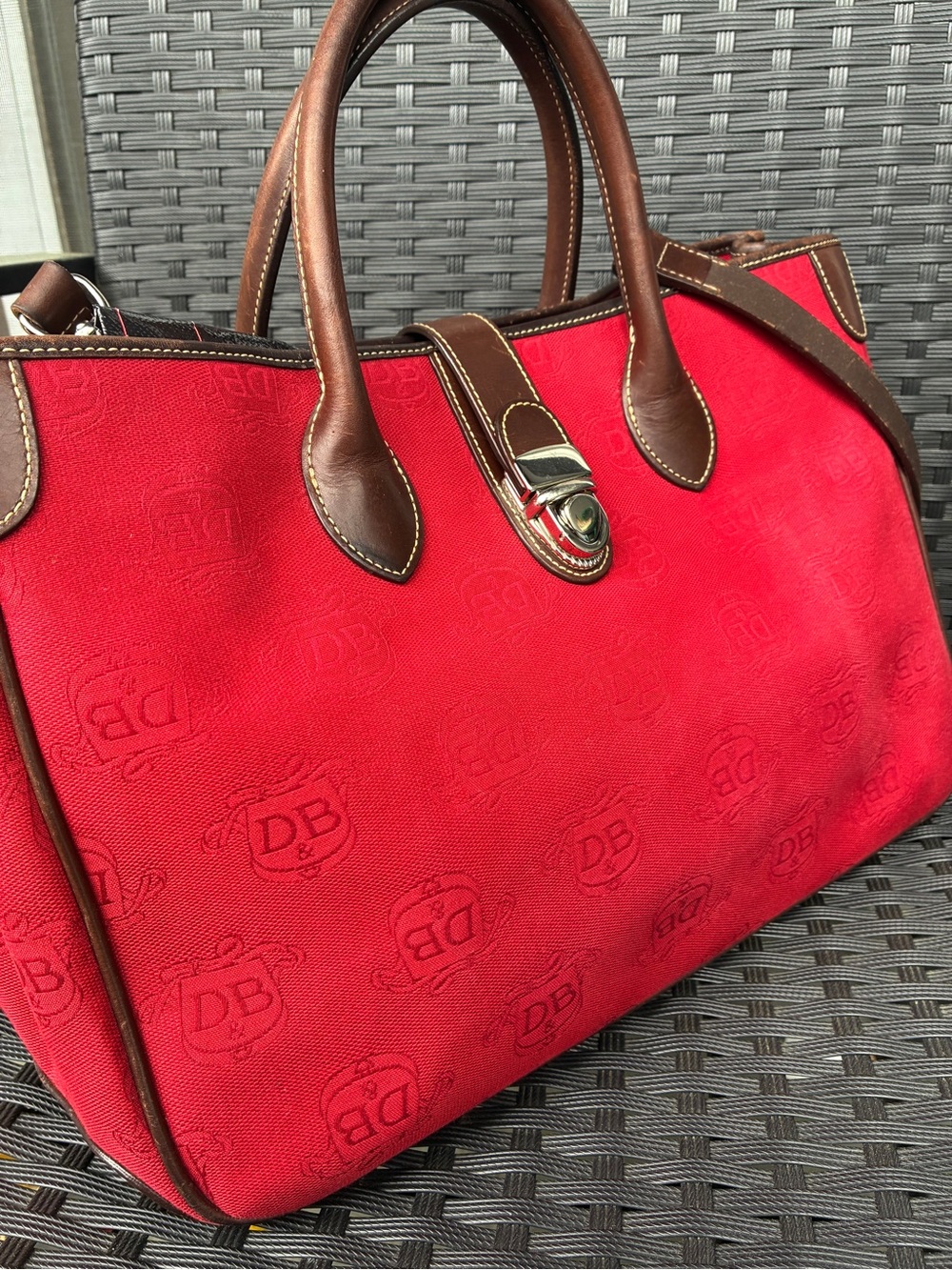 Dooney & Bourke Red Canvas with Brown Leather Trim,Crossbody Bag